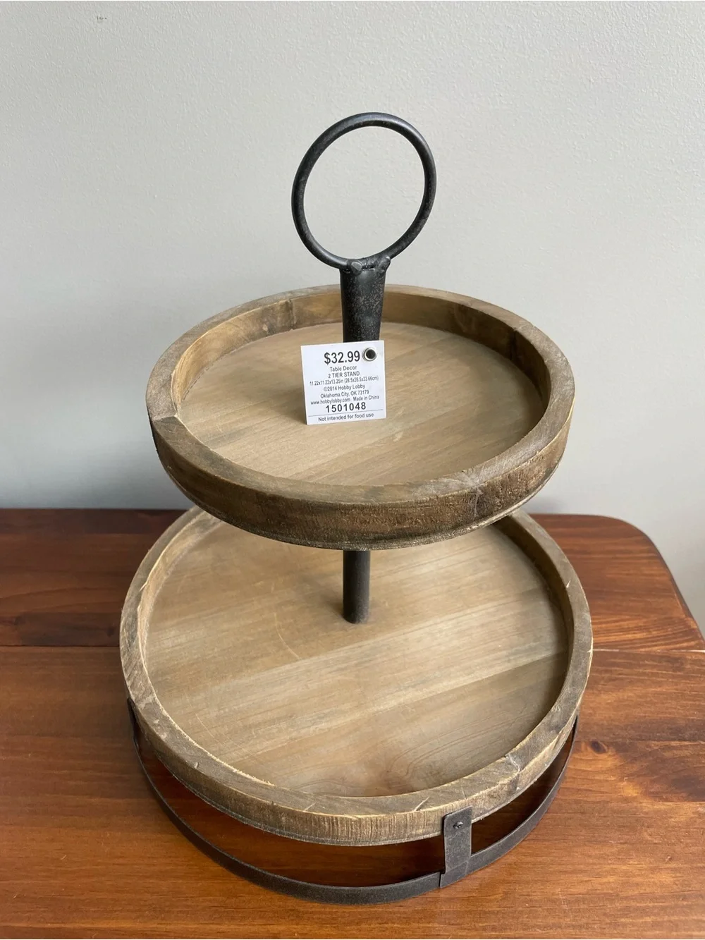 Two-Tier Stand Wooden Table Decor with Metal Handle - Rustic Brown